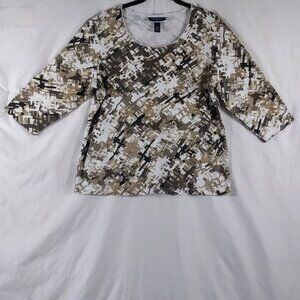 Karen Scott Women's Cream & Brown Scoop Neck 'MOD GEO' Top Plus Size 1X